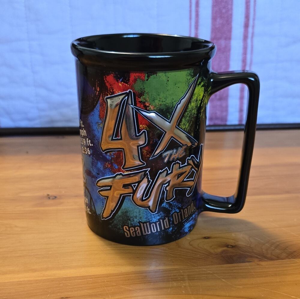 SeaWorld Orlando 4X the Fury Souvenir Mug Amusement Parks Kraken Manta Mako